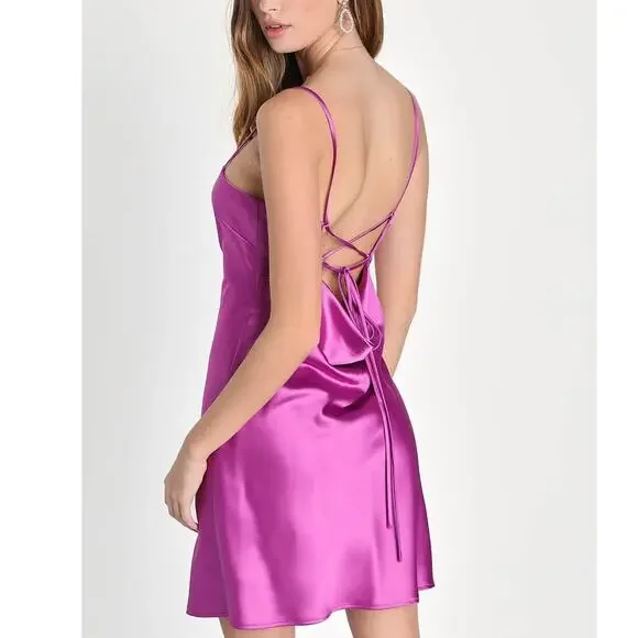 NEW Lulus Chic Allure Purple Satin Lace-Up Cowl Back Mini Slip Dress Medium - Picture 2 of 7